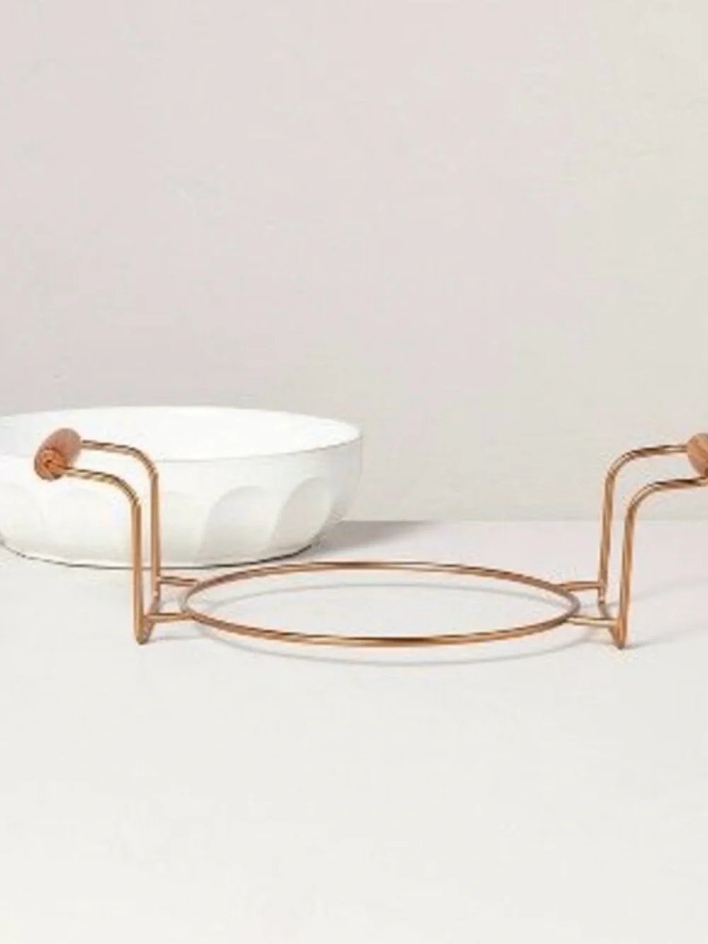 Hearth & Hand White Serving Casserole Bowl with Brass Wooden Stand NEW